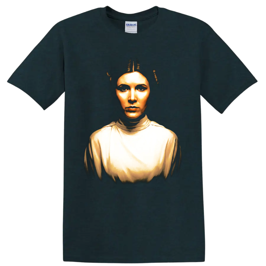 Princess Leia Organa portrait in golden cinematic style on a Midnight (Green) T Shirt