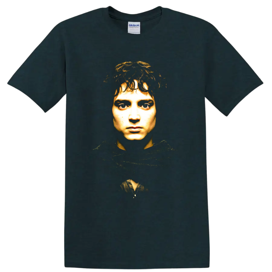 Frodo Baggins fantasy portrait in a shadowed hood on a Midnight (Green) T Shirt