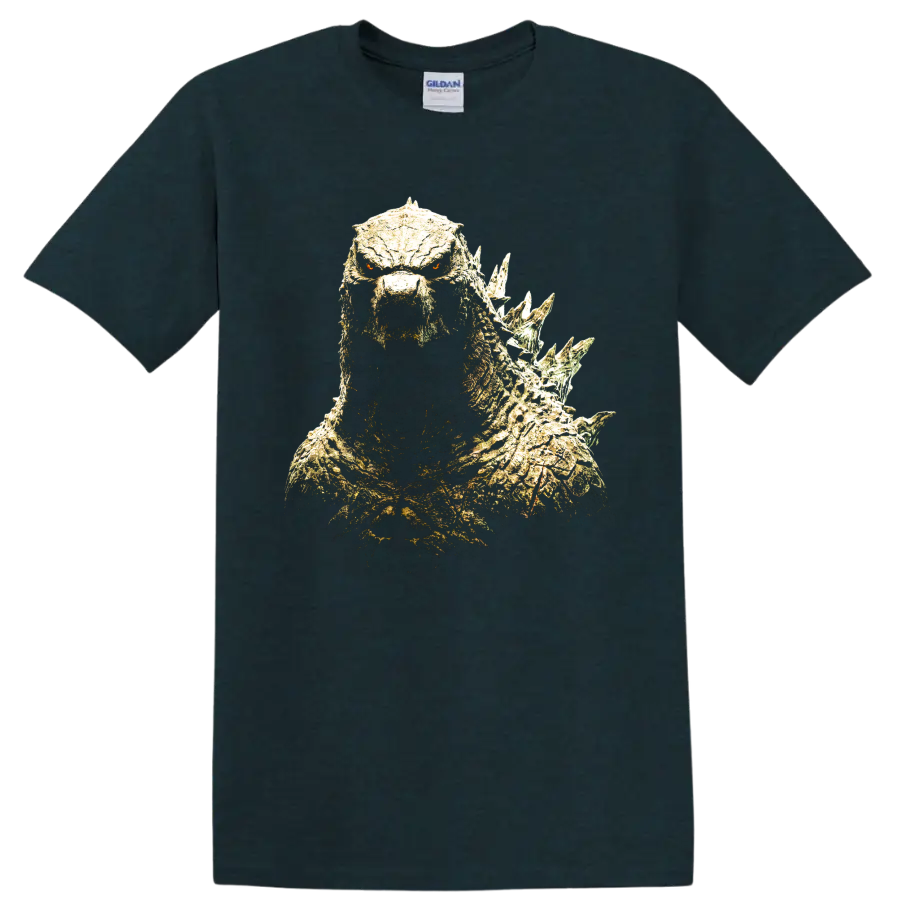 Godzilla Minus One distressed monster portrait with glowing eyes and dorsal spines on a Midnight (Green) T Shirt