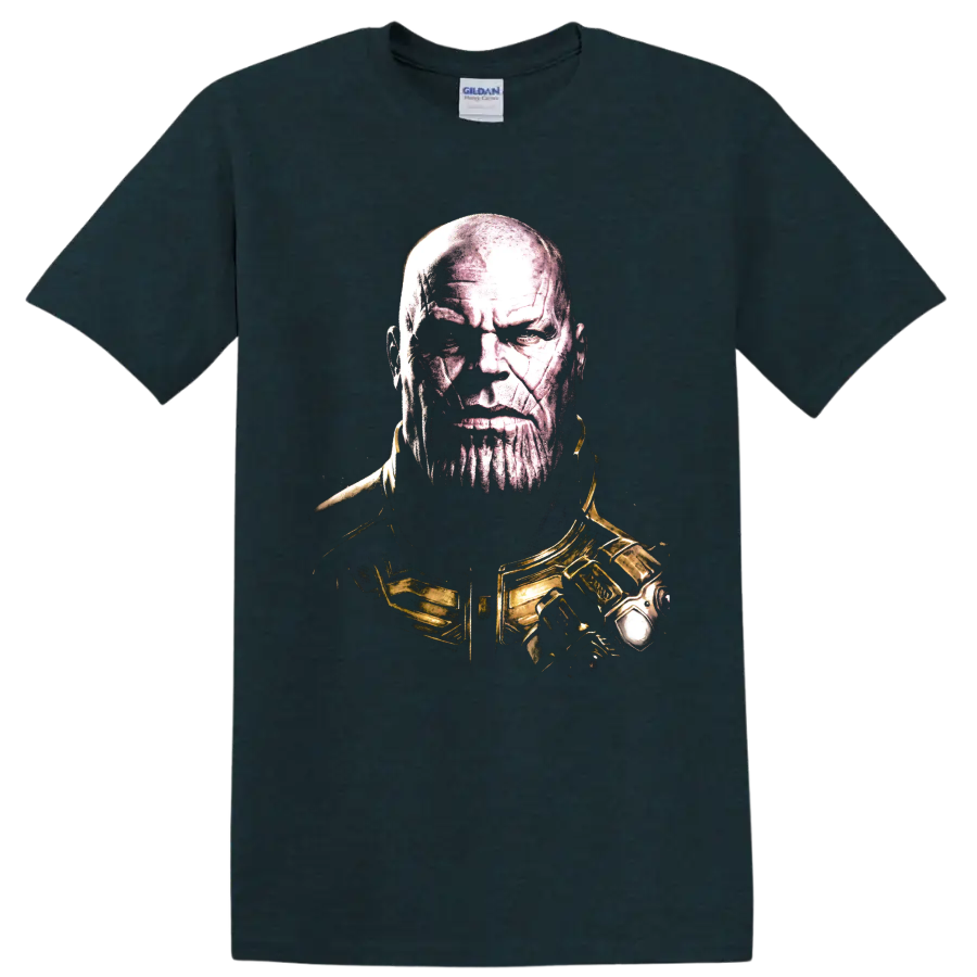 Thanos portrait graphic with gold armor in a gritty comic-art style on a Midnight (Green) T Shirt