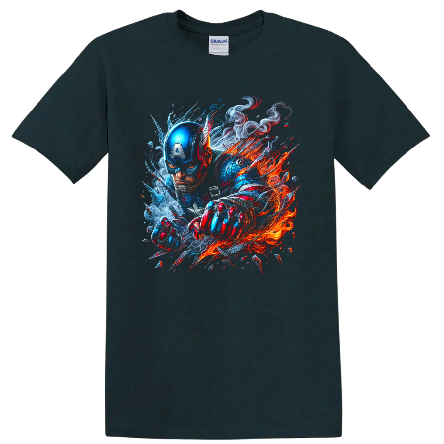 Captain America fiery action graphic with blue armor, red details, smoke, and flames on a Midnight (Green) T Shirt