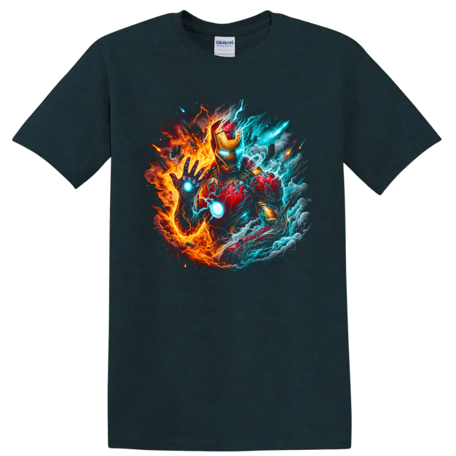 Iron Man in fiery red and gold armor with blue lightning comic battle art on a Midnight (Green) T Shirt