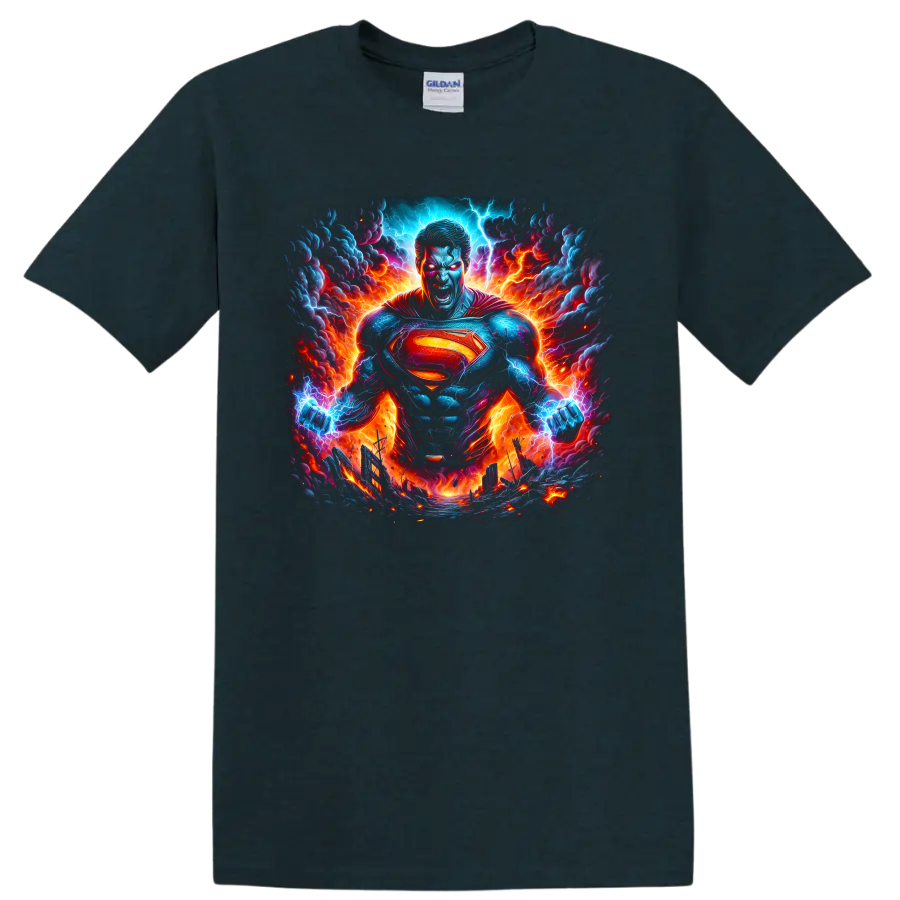 Superman in fiery lightning storm comic art with glowing chest shield on a Midnight (Green) T Shirt