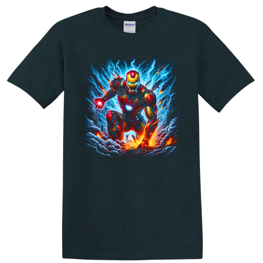 Iron Man armored superhero charging through lightning storm action artwork on a Midnight (Green) T Shirt