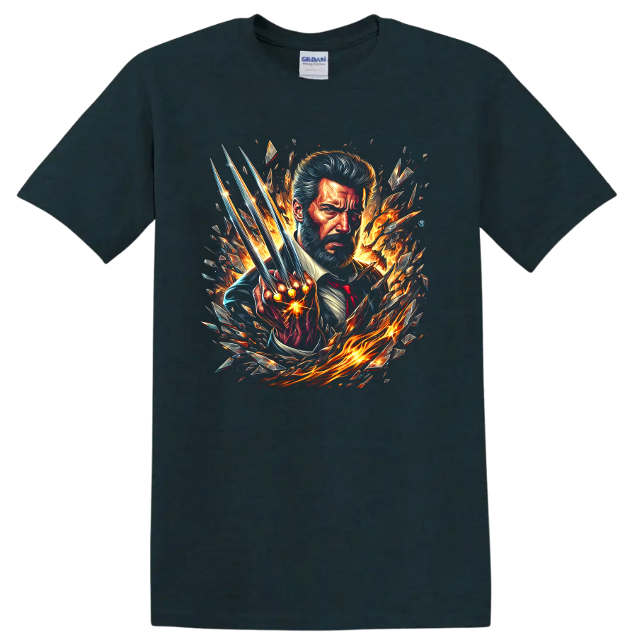 Old Man Logan Wolverine portrait with extended claws, flames, and shattered comic art on a Midnight (Green) T Shirt