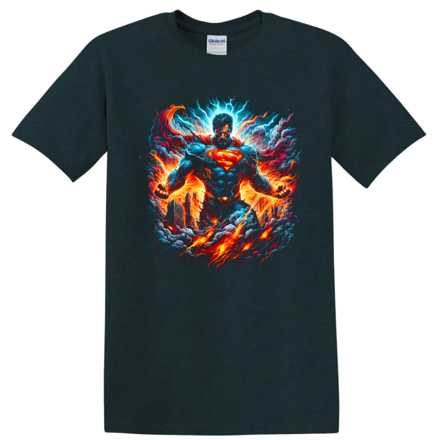 Superman comic-style art with lightning, flames, smoke, and a blazing cityscape on a Midnight (Green) T Shirt