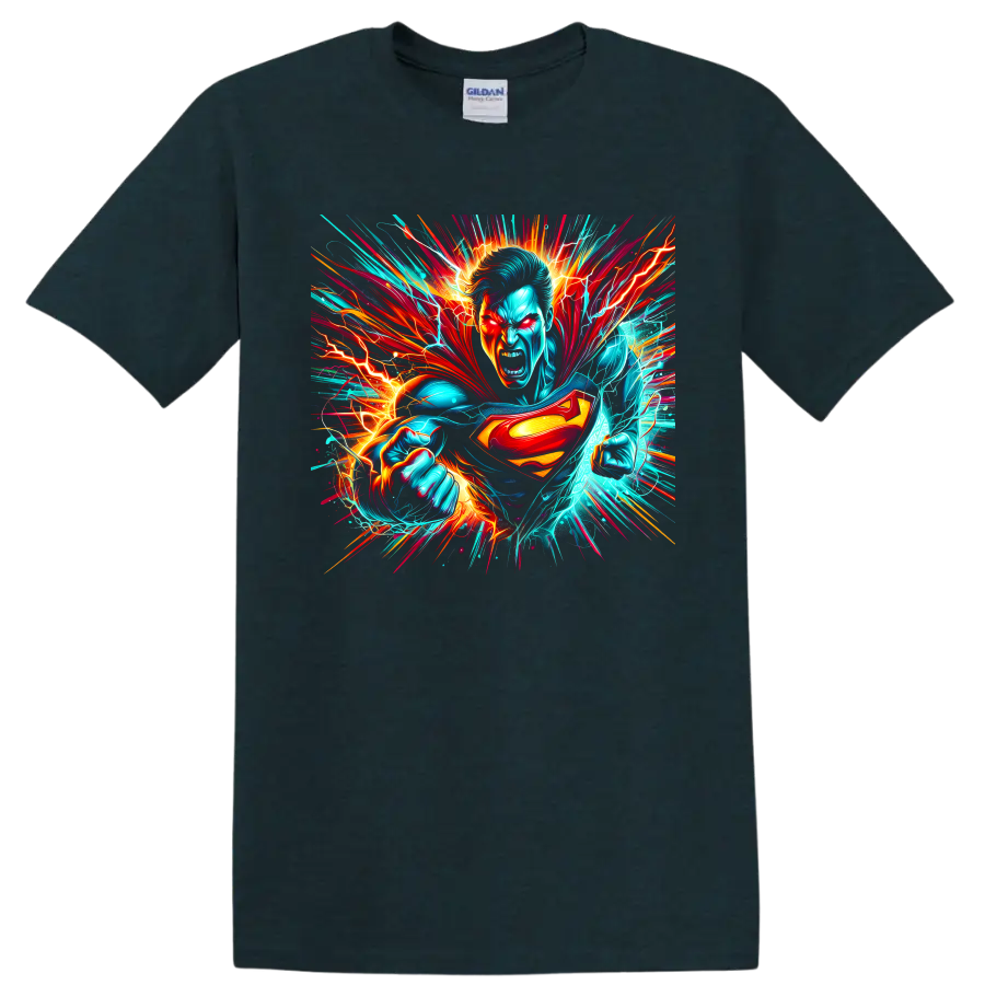 Superman neon lightning comic action graphic with cape, shield, and clenched fists on a Midnight (Green) T Shirt