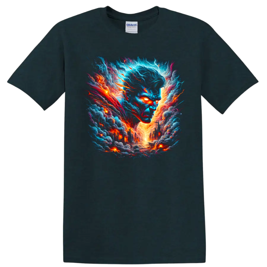 Superman cosmic storm portrait with glowing eyes, electric clouds, and fiery city on a Midnight (Green) T Shirt