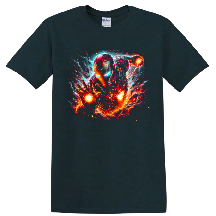 Iron Man in glowing red-and-gold armor with arc reactor and cosmic battle energy on a Midnight (Green) T Shirt