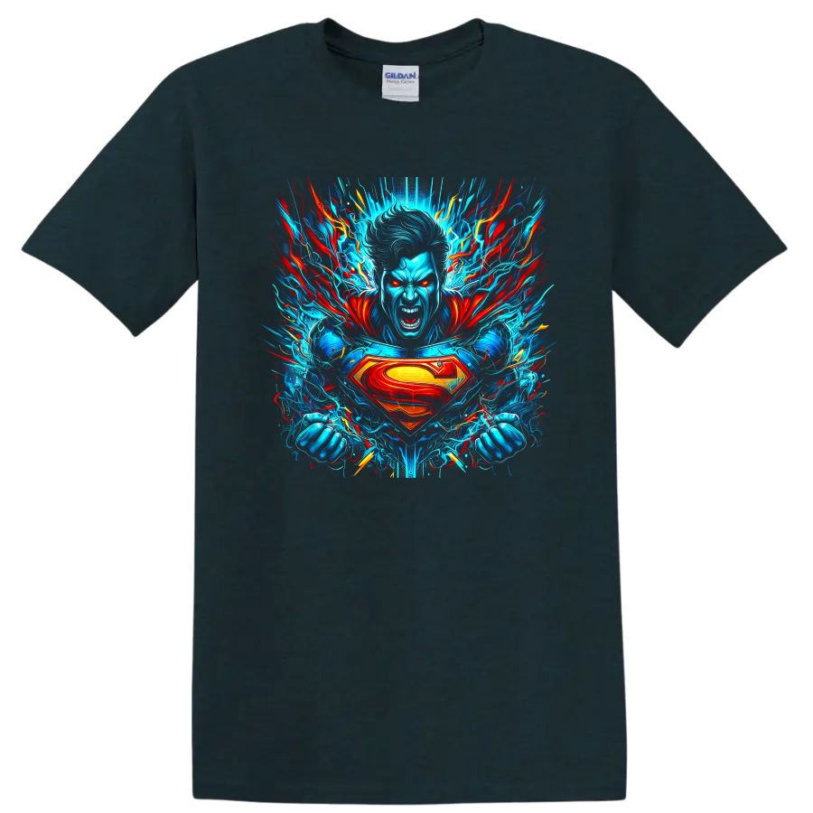 Superman electric blue and red energy burst comic hero graphic with S shield on a Midnight (Green) T Shirt