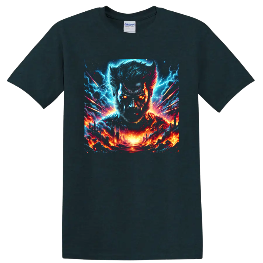 Wolverine portrait in electric lightning and fiery cosmic landscape graphic art on a Midnight (Green) T Shirt