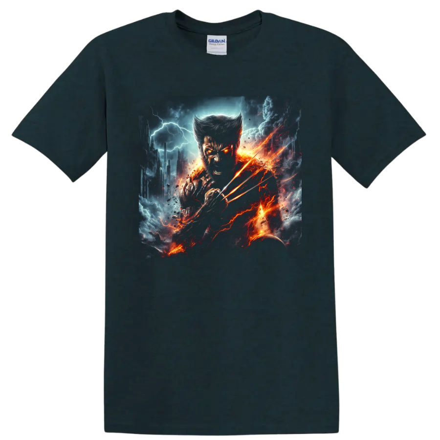 Wolverine Weapon X with extended claws in fiery lightning comic battle art on a Midnight (Green) T Shirt
