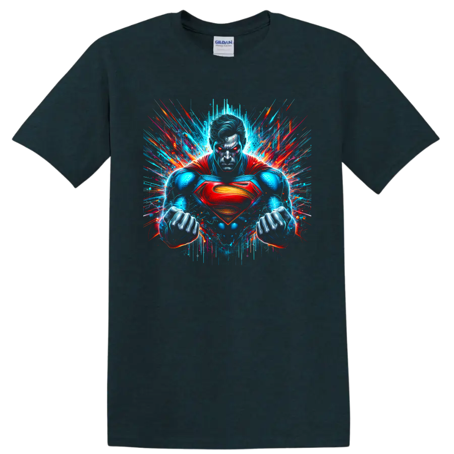 Superman in neon comic art with glowing eyes, red cape, chest shield, and paint bursts on a Midnight (Green) T Shirt