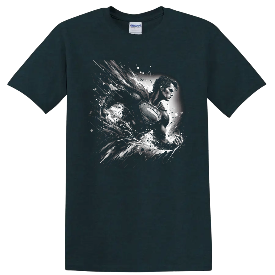 Superman in monochrome comic art with cosmic splashes and motion trails on a Midnight (Green) T Shirt