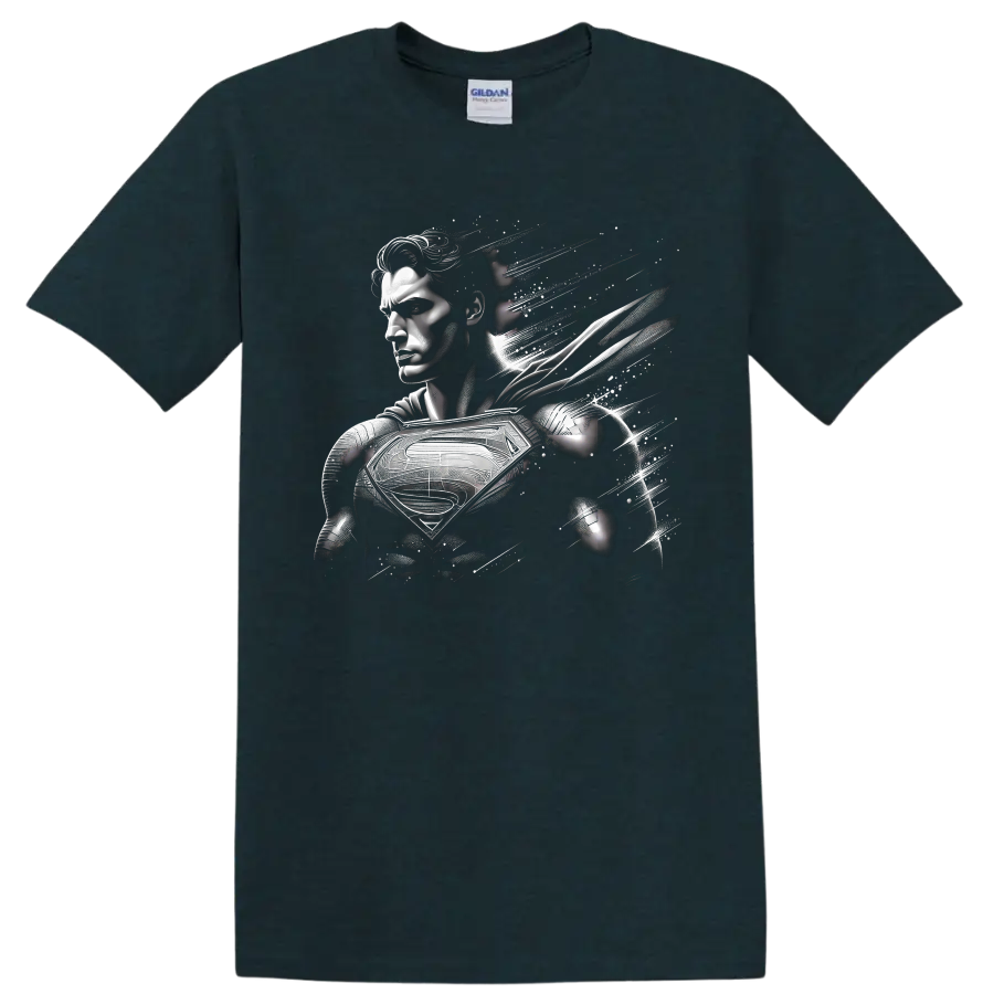 Superman monochrome abstract comic portrait with chest shield and pixel fragments on a Midnight (Green) T Shirt