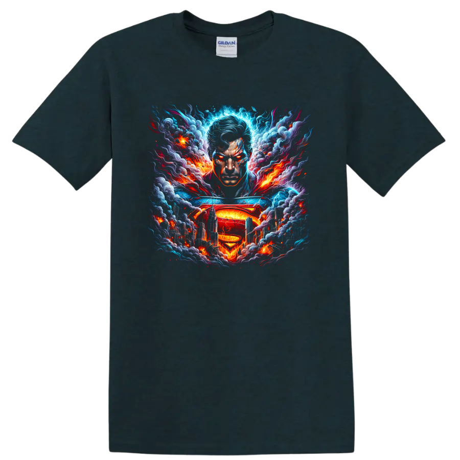Superman portrait with S shield, lightning, flames, and futuristic city graphic art on a Midnight (Green) T Shirt