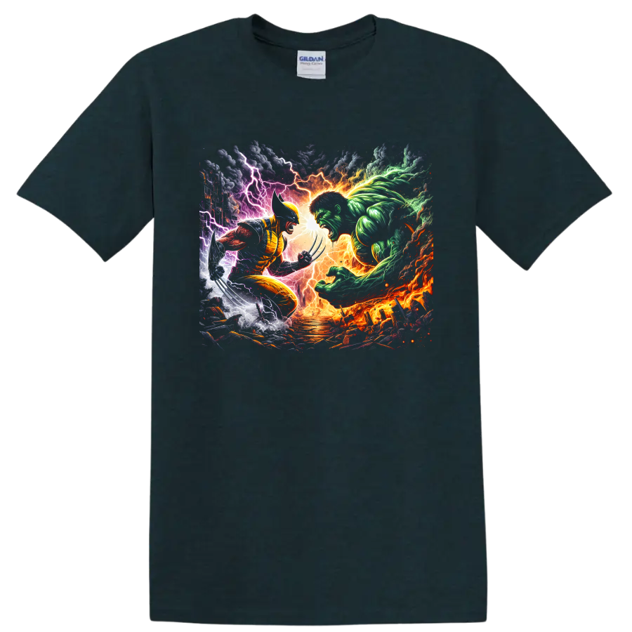 Wolverine vs Hulk comic art battle with claws, lightning, flames, and storm clouds on a Midnight (Green) T Shirt