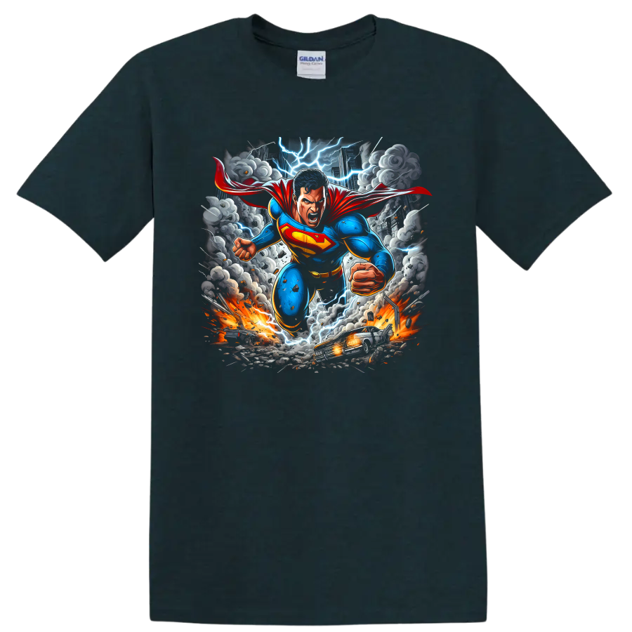 Superman charging through a lightning storm cityscape in dynamic comic art on a Midnight (Green) T Shirt