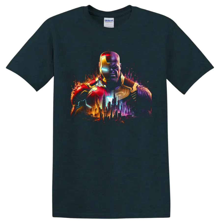Iron Man and Thanos split armor portrait with neon futuristic city graphic on a Midnight (Green) T Shirt