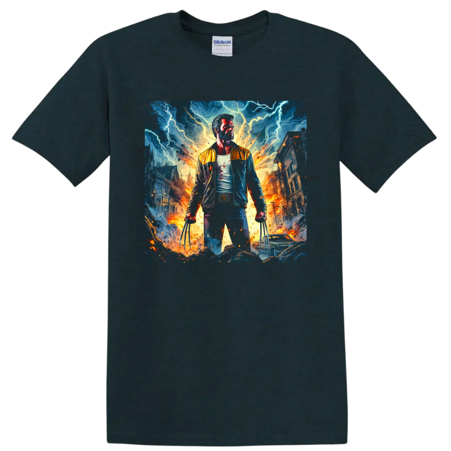 Wolverine with extended claws in a fiery stormy city battle graphic on a Midnight (Green) T Shirt