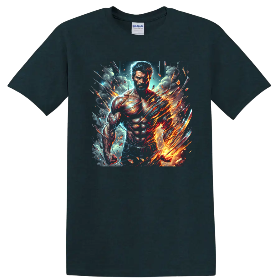 Wolverine fiery claw superhero warrior in explosive cosmic comic art on a Midnight (Green) T Shirt