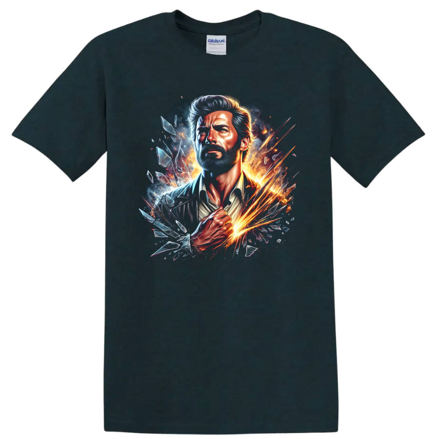 Old Man Logan Wolverine portrait with fiery sparks, blue energy, and shattered glass on a Midnight (Green) T Shirt