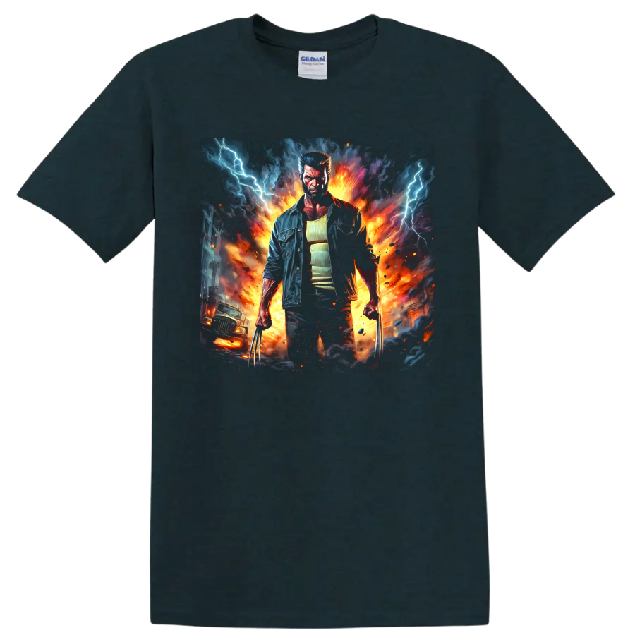Old Man Logan Wolverine with claws in fiery lightning comic-style action art on a Midnight (Green) T Shirt