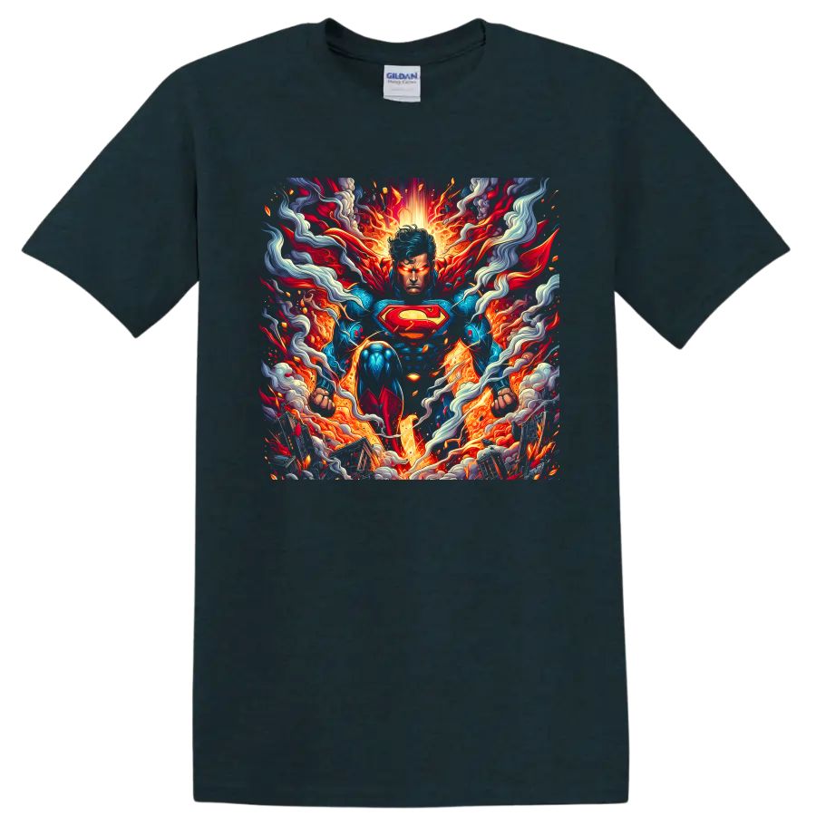 Superman fiery comic art graphic with red cape, chest emblem, smoke, and energy on a Midnight (Green) T Shirt