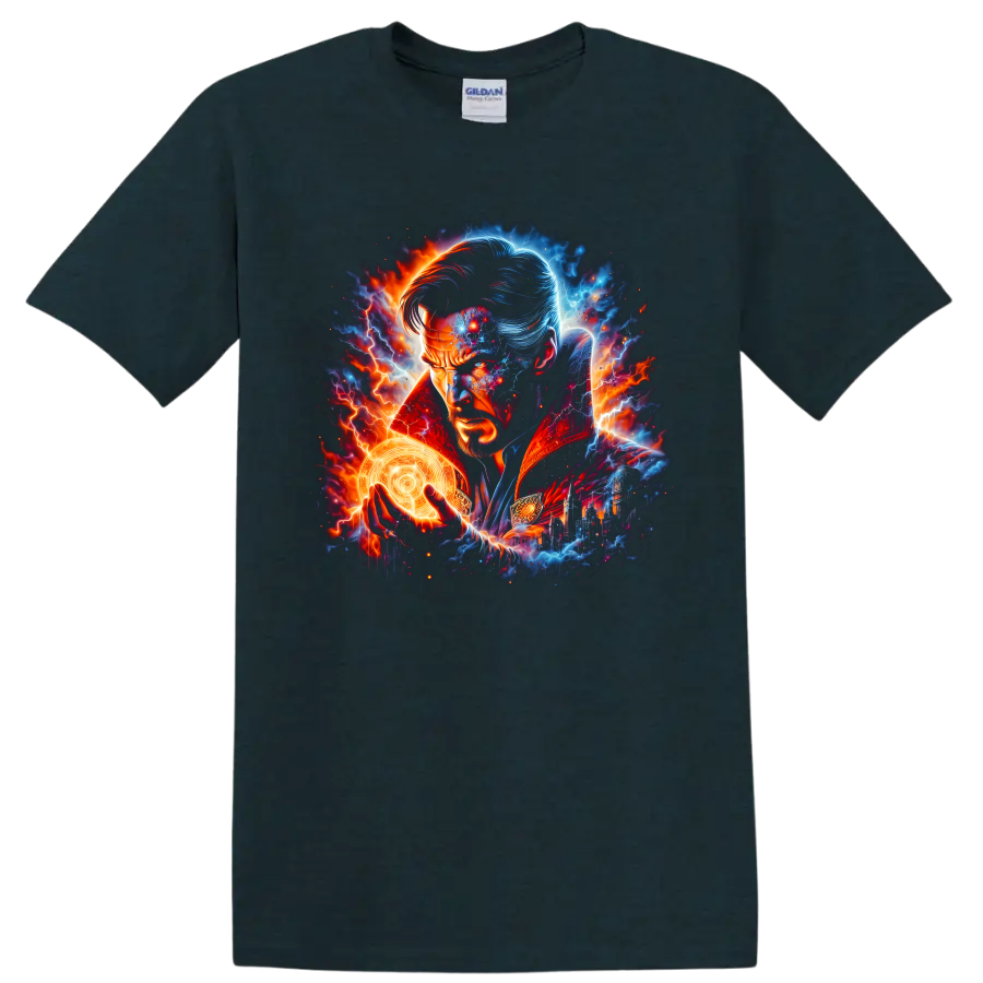 Doctor Strange portrait with glowing magic circle, lightning, and cosmic superhero art on a Midnight (Green) T Shirt