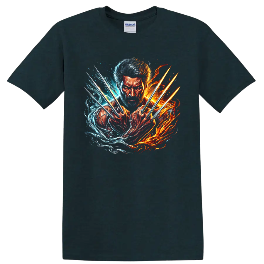 Wolverine Logan portrait with claws in fiery orange and icy blue comic art on a Midnight (Green) T Shirt