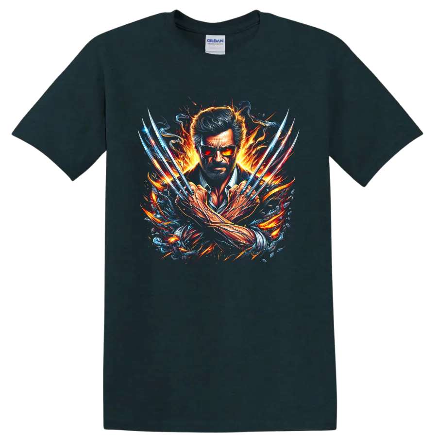 Wolverine Logan portrait with metal claws, flames, and blue comic-style energy on a Midnight (Green) T Shirt