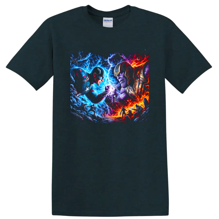 Captain America and Thanos in cosmic comic art battle with lightning and fire on a Midnight (Green) T Shirt