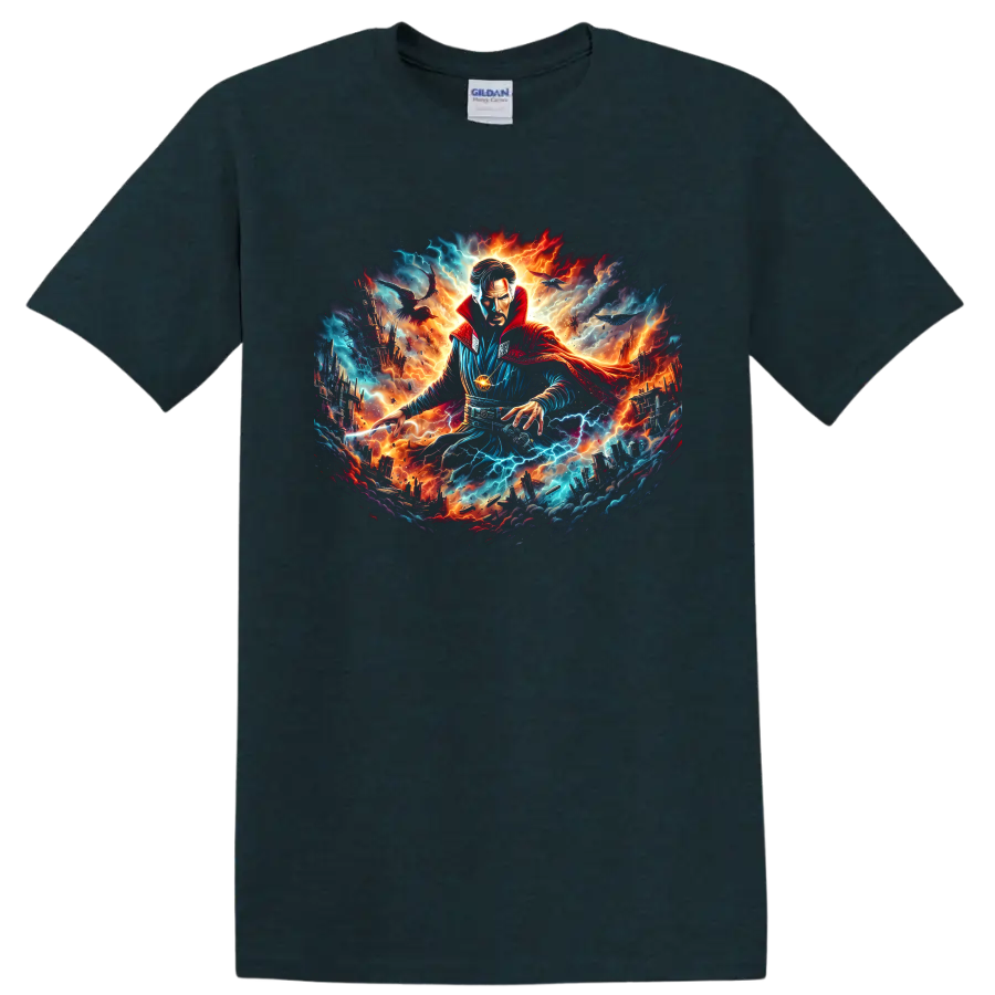 Doctor Strange cosmic fantasy art with lightning, fire, and futuristic city on a Midnight (Green) T Shirt