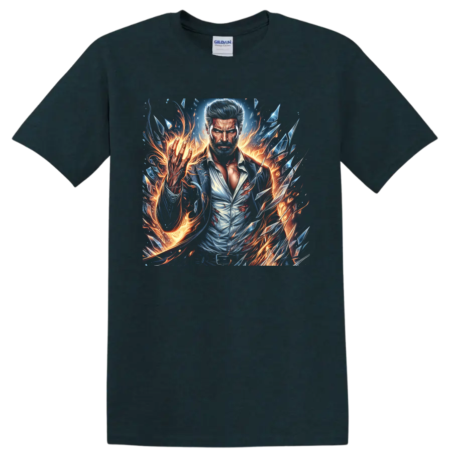 Wolverine portrait in fiery comic art with sparks and shattered crystal shards on a Midnight (Green) T Shirt