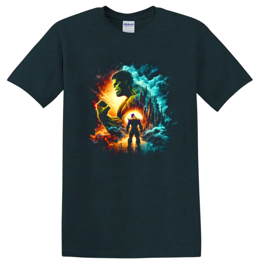 Thanos and Hulk cosmic battle illustration with futuristic cityscape on a Midnight (Green) T Shirt