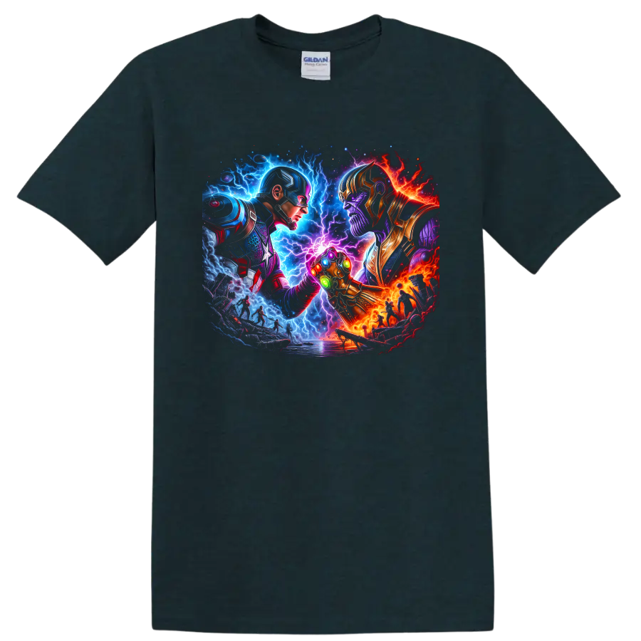 Captain America and Thanos cosmic battle art with a glowing jeweled gauntlet on a Midnight (Green) T Shirt
