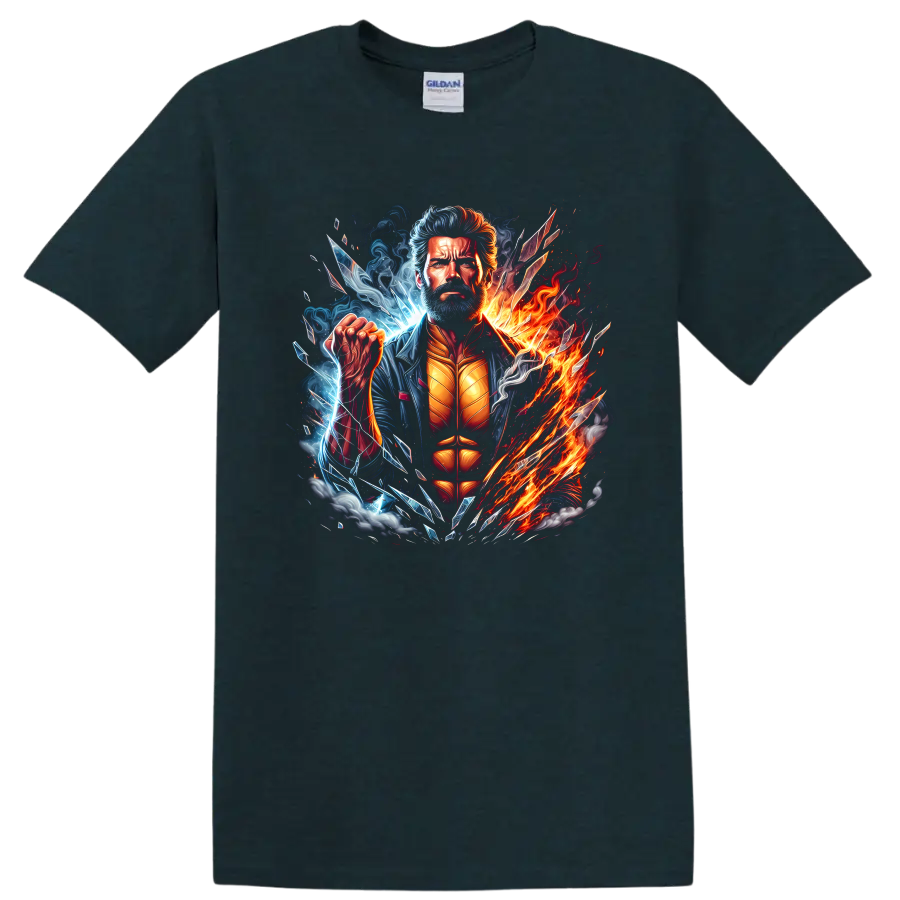 Wolverine superhero portrait with fire, ice energy, smoke, and shattered comic art on a Midnight (Green) T Shirt