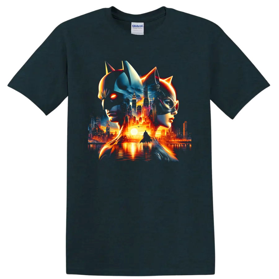 Batman and Catwoman neon city skyline dark art graphic print on a Midnight (Green) T Shirt