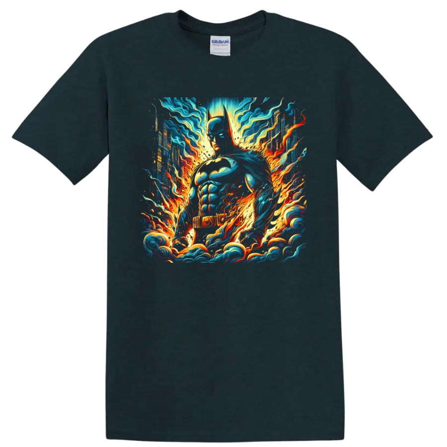 Batman comic art with neon cityscape, teal energy waves, and orange flames on a Midnight (Green) T Shirt
