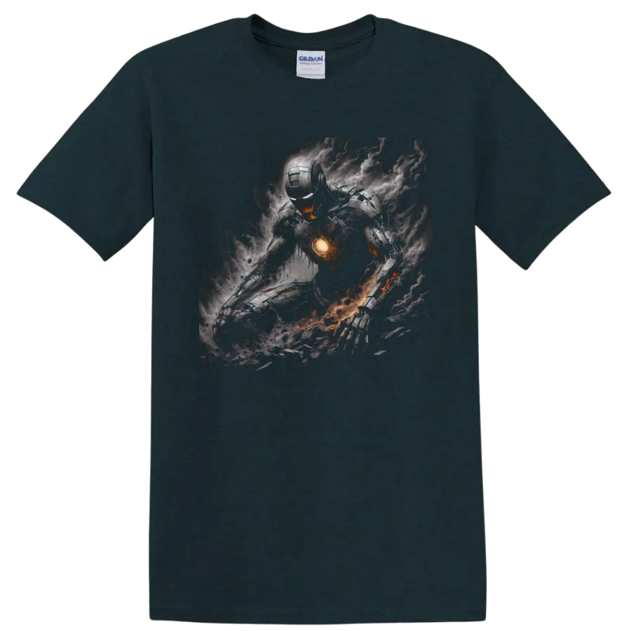 Iron Man armored battle art with glowing chest core, smoke, sparks, and debris on a Midnight (Green) T Shirt