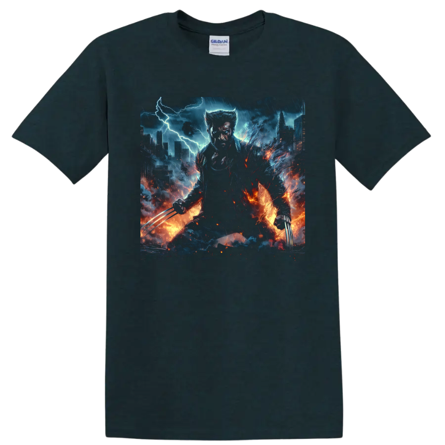 Wolverine storm city comic art with extended claws, lightning, and fire on a Midnight (Green) T Shirt