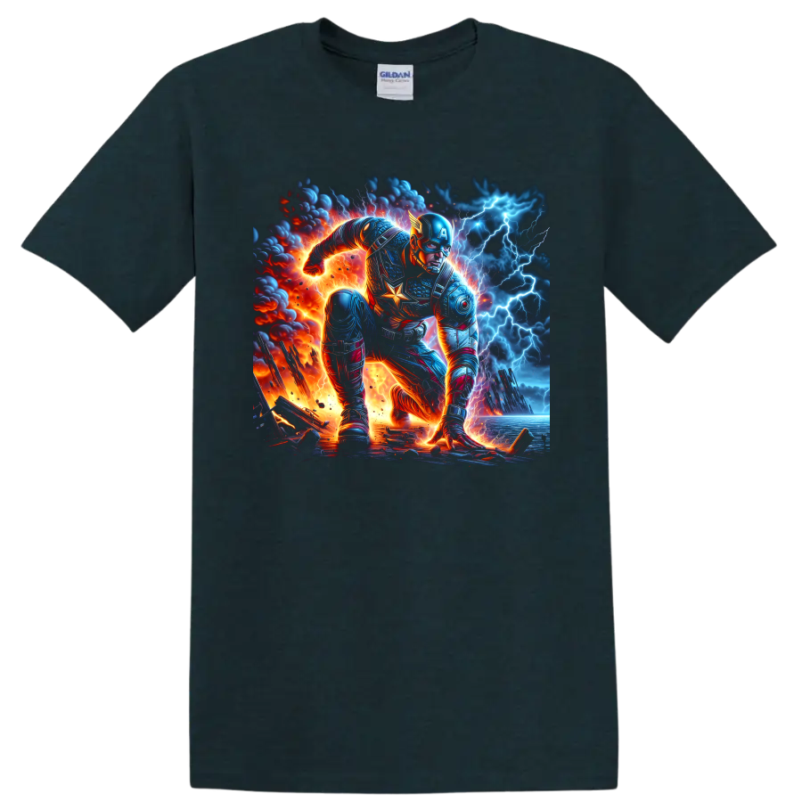 Captain America in a fiery lightning battle, detailed comic-inspired action art on a Midnight (Green) T Shirt
