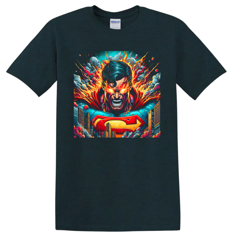 Superman fiery city hero portrait in explosive comic art on a Midnight (Green) T Shirt