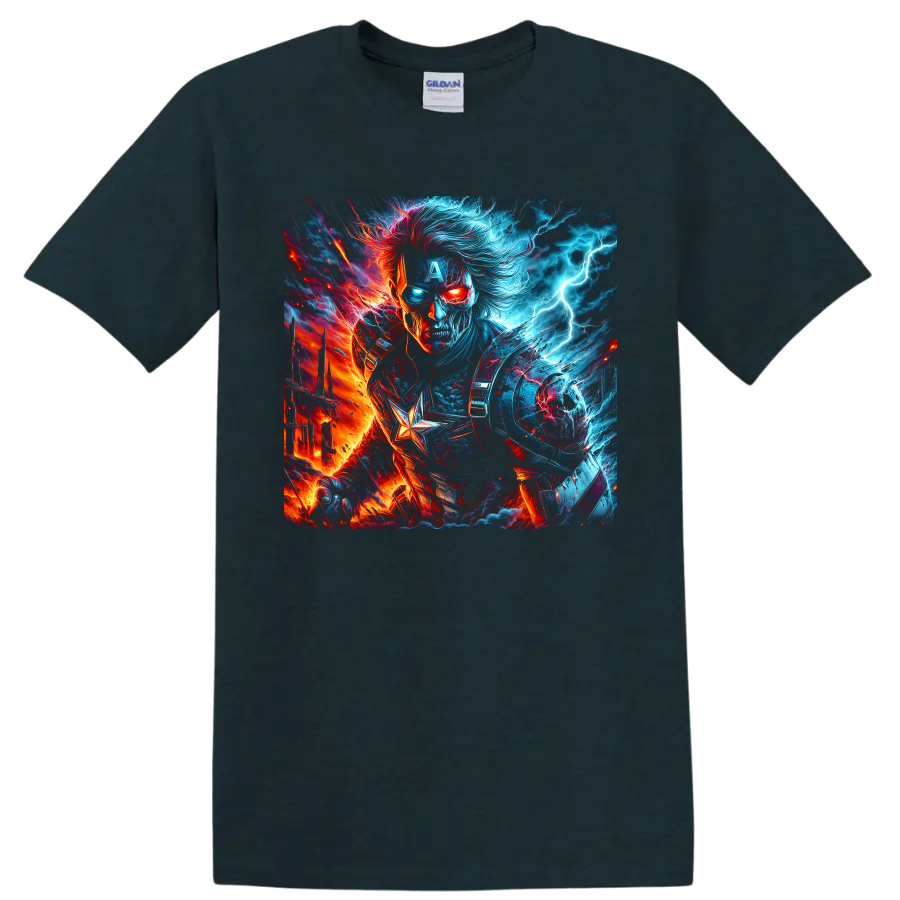 Captain America fire and ice fantasy portrait with lightning and star emblem graphic on a Midnight (Green) T Shirt