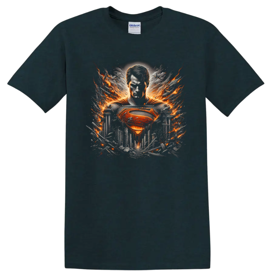 Superman with fiery emblem over a shattered city in cinematic comic book art on a Midnight (Green) T Shirt