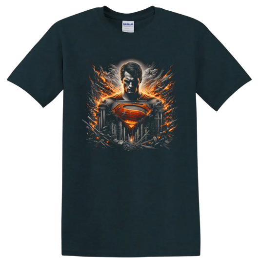 Superman with fiery emblem over a shattered city in cinematic comic book art on a Midnight (Green) T Shirt