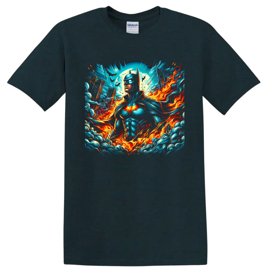Batman fantasy-comic graphic with moon, bats, teal waves, and swirling fire on a Midnight (Green) T Shirt