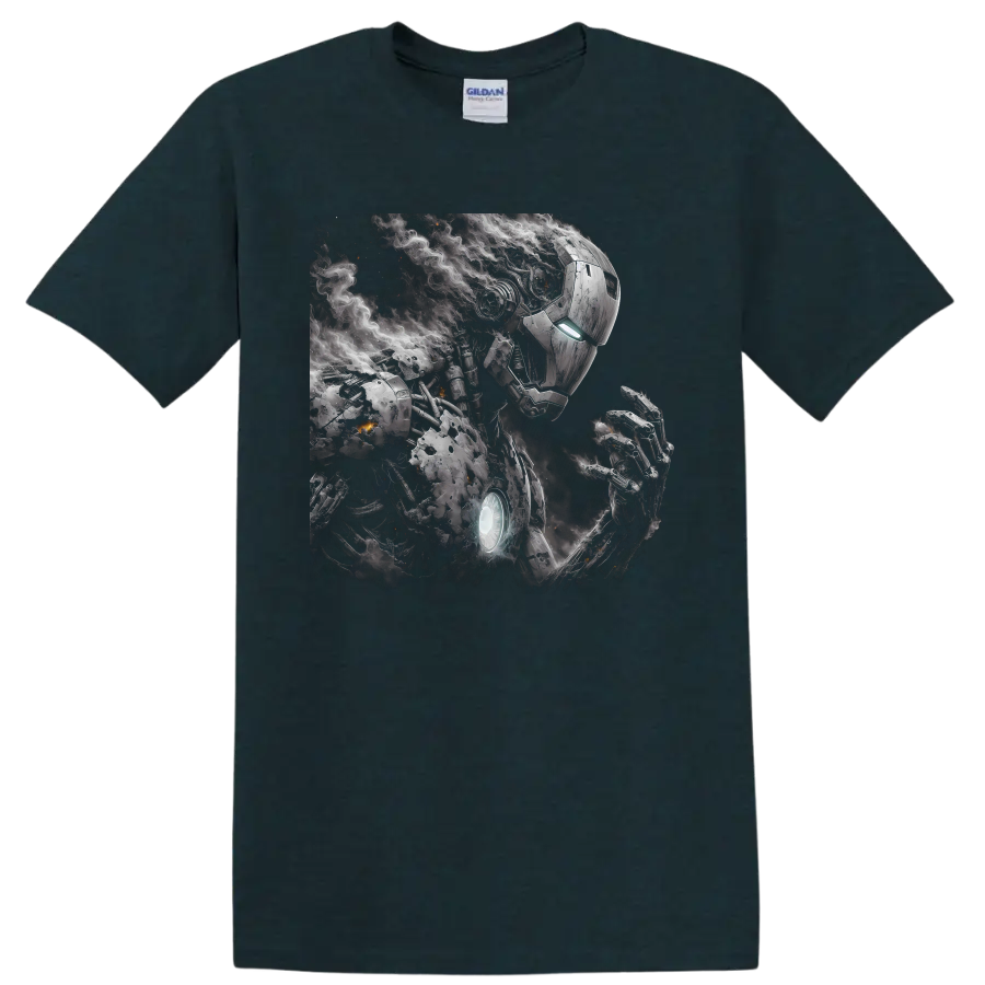 Iron Man battle-worn armor portrait with glowing reactor, smoke, and sparks on a Midnight (Green) T Shirt