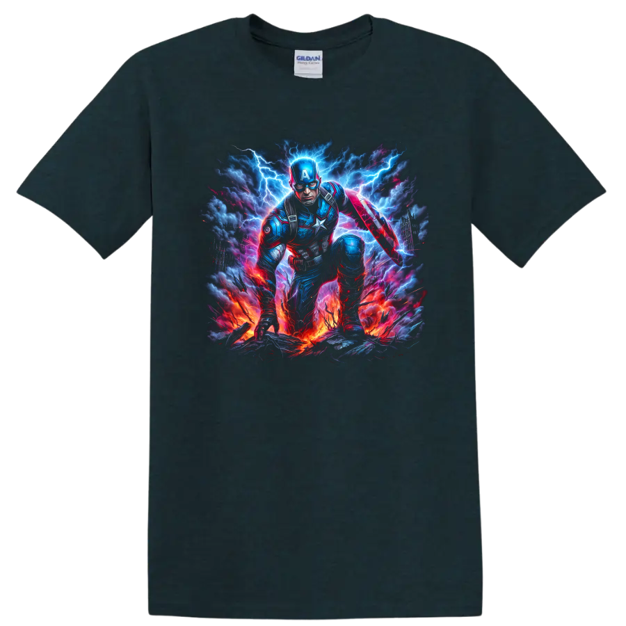 Captain America shield hero in electric lightning storm action graphic on a Midnight (Green) T Shirt