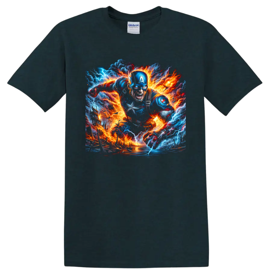 Captain America charging through lightning and fire in dynamic battle art on a Midnight (Green) T Shirt